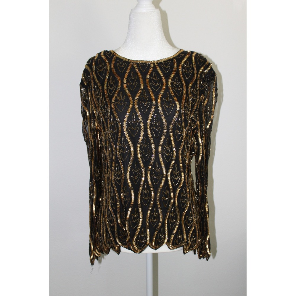 VTG Stenay Petite Gold Sequin Beaded Evening‎ Top Black Art Deco Scalloped PL